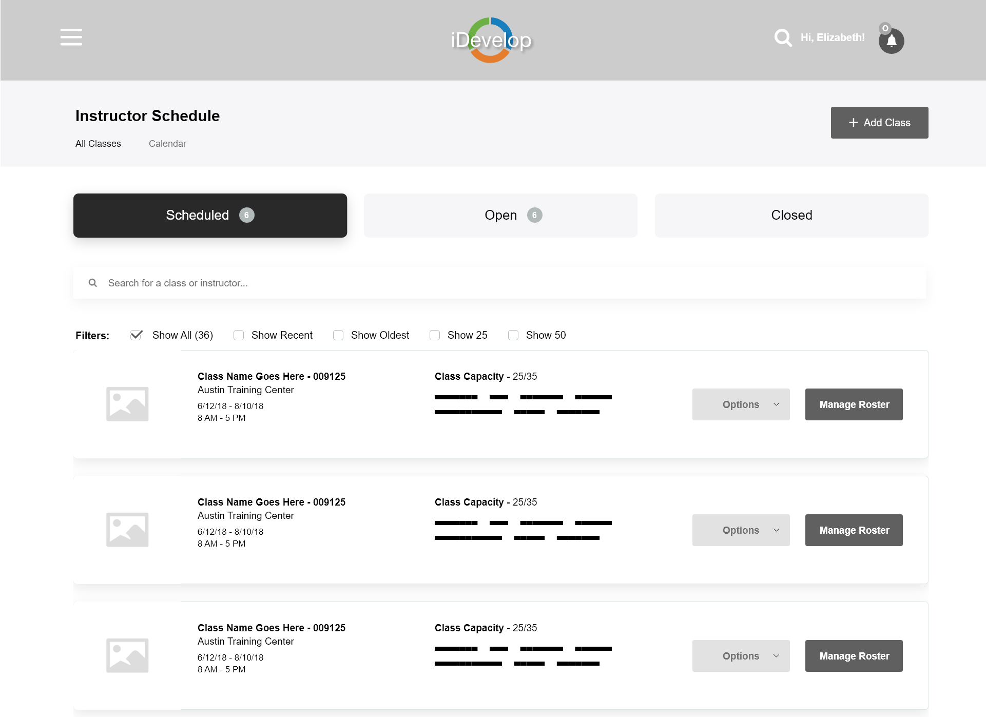 Instructor Schedule Wireframe